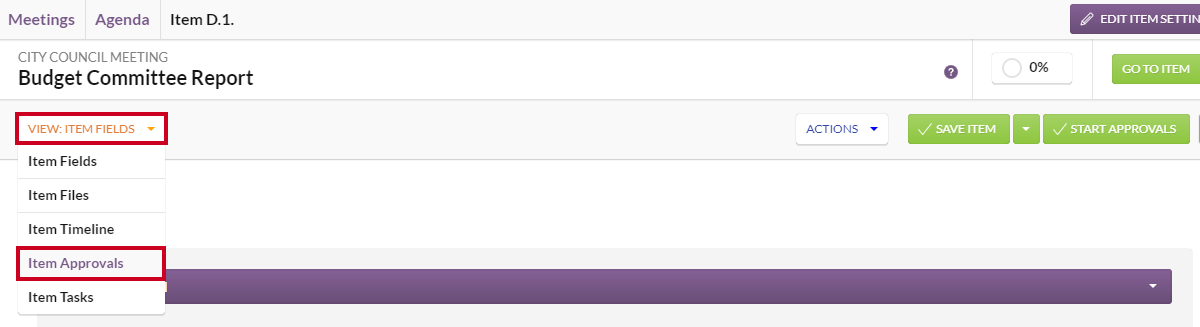 The View dropdown menu with the Item Approvals option highlighted.