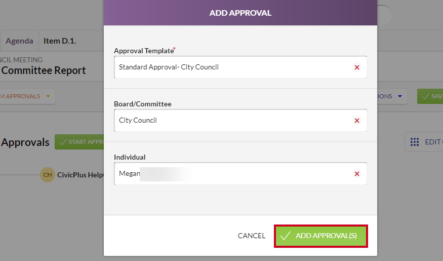 The green, rectangular Add Approval(s) button in the lower-right corner of the Add Approval modal.