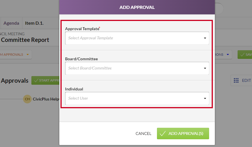 The Add Approval modal's information fields.