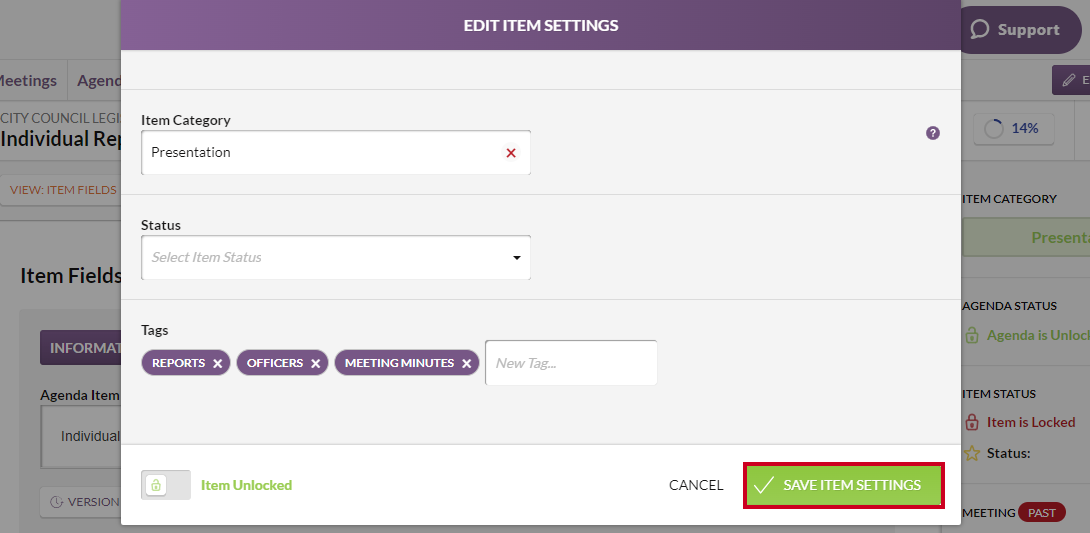 The Edit Item Settings dialog box Save Item Settings button.