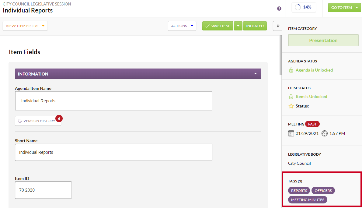 right-hand sidebar, tags section
