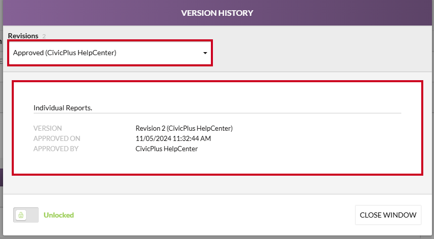 The Approved entry within the Revisions dropdown and the current version with approval details listed.