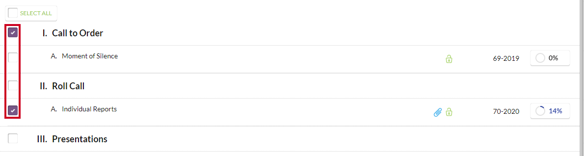 Example agenda section and item checkboxes.