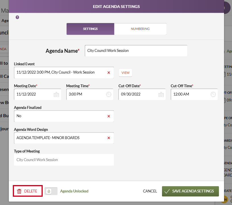 agenda settings delete button