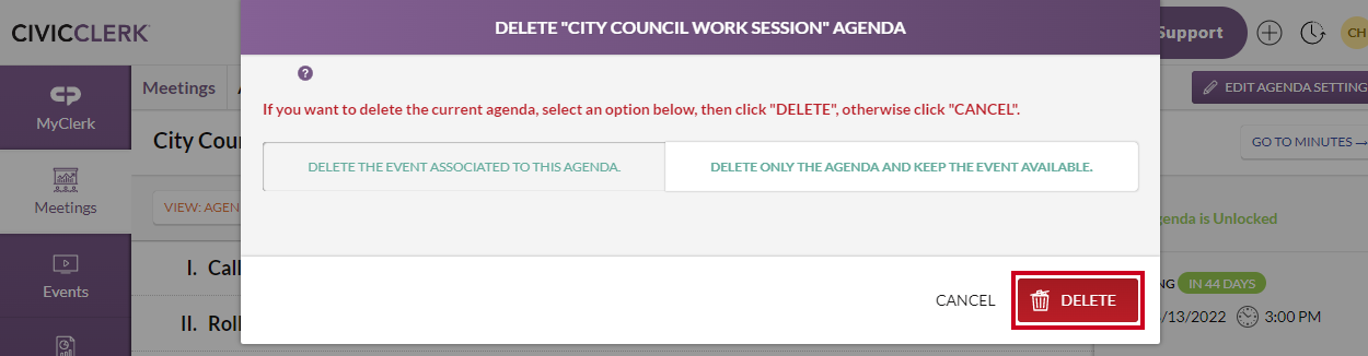 delete agenda confirmation button