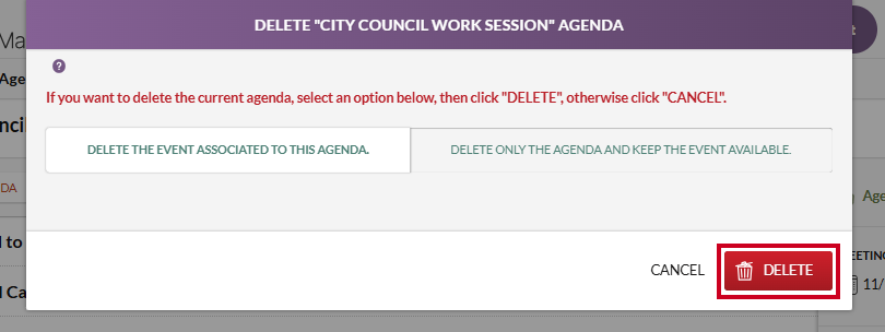 delete agenda confirmation button