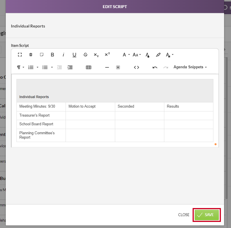 The green, rectangular Save button in the lower-right corner of the Edit Script modal.