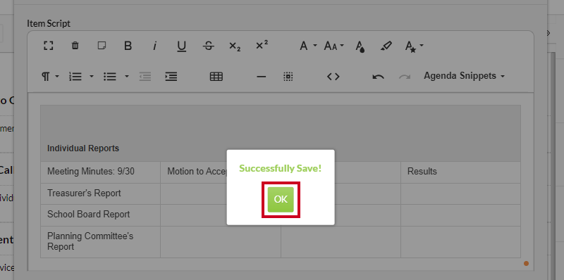 A green, square OK button on the Successfully Save! popup.