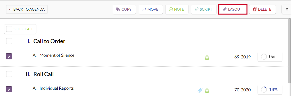The white, rectangular Layout button to the right of the Back to Agenda button.