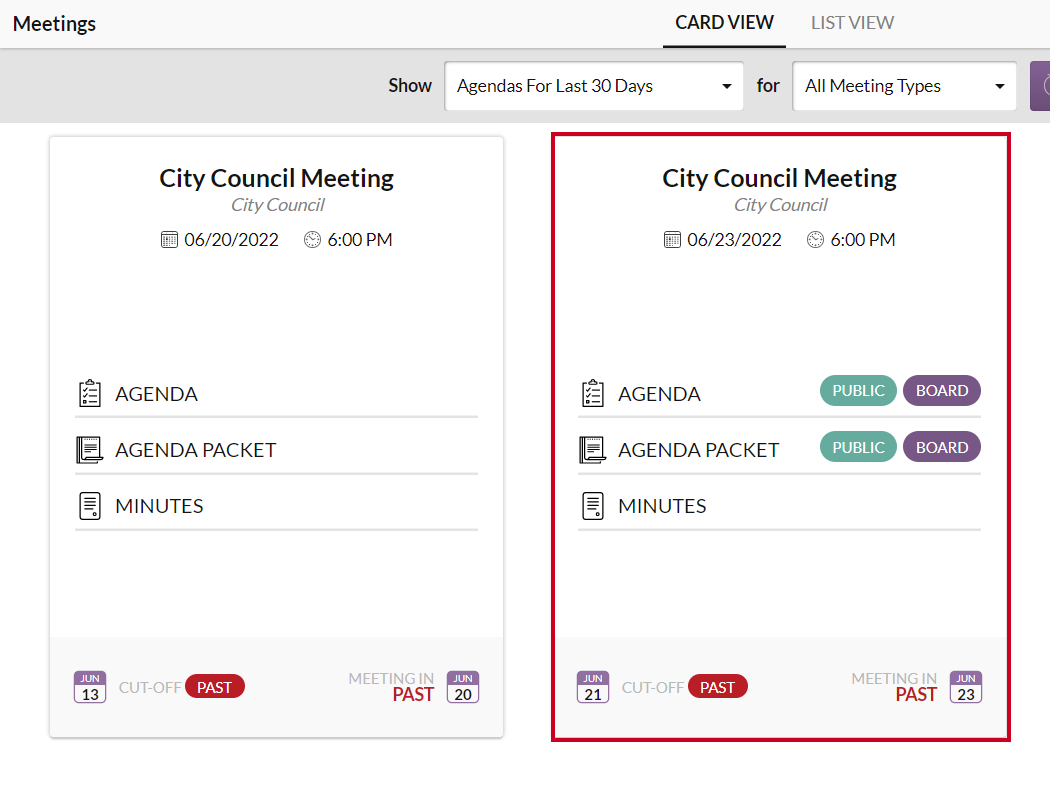 An example agenda card.