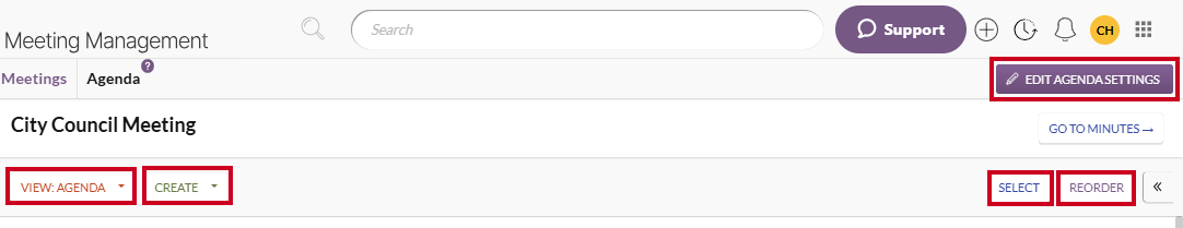 agenda page, all editing functions buttons