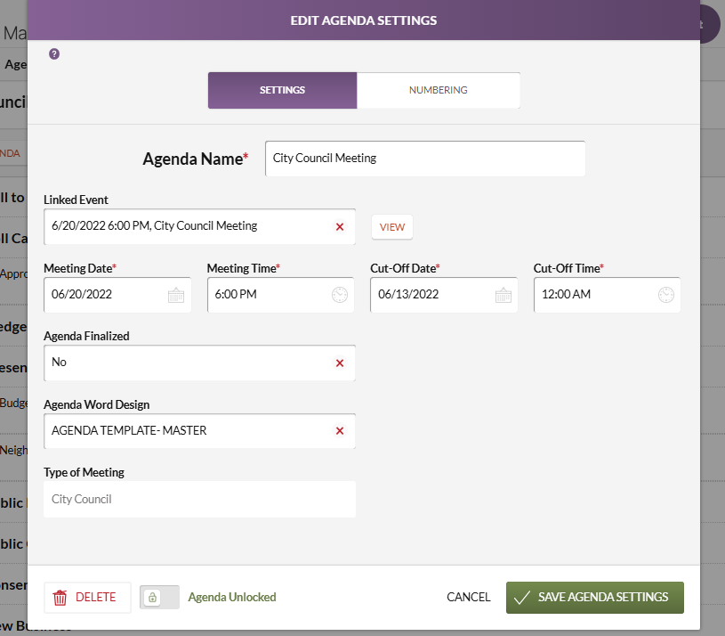 edit agenda settings pop-up