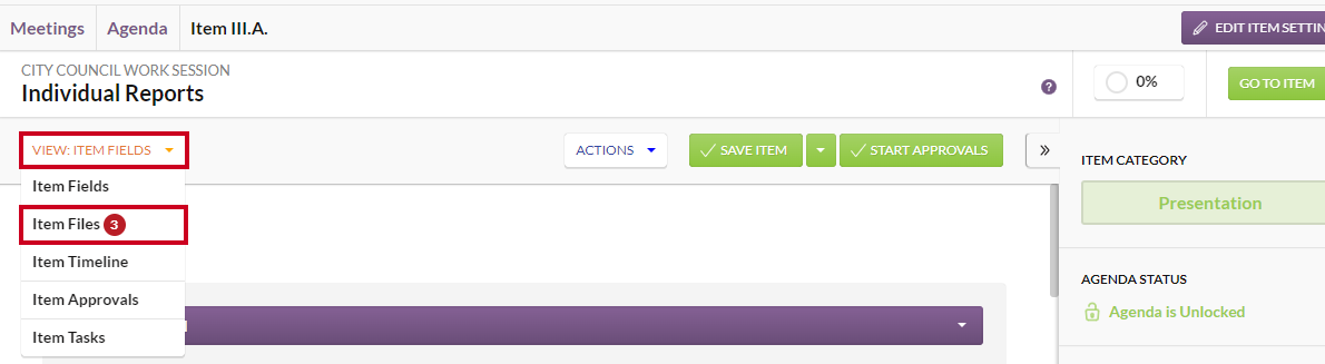 view menu, item files