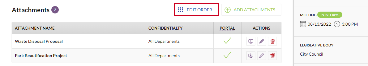 The white, rectangular Edit Order button to the right of the Attachments header on the Item Files page.