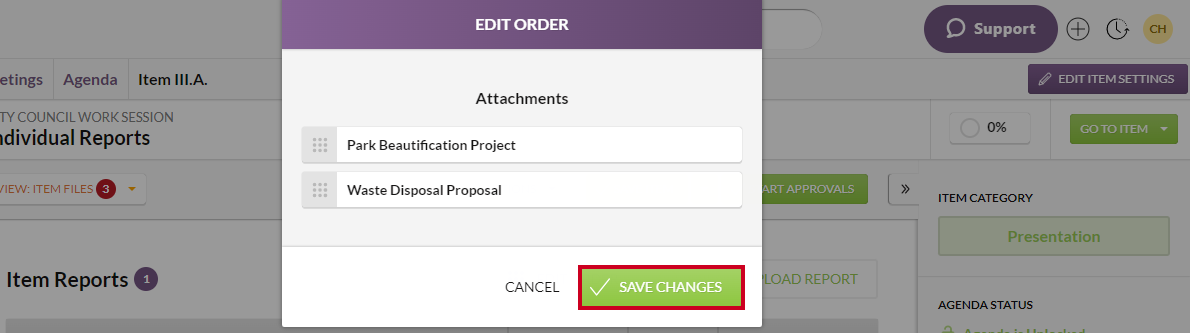 The green, rectangular Save Changes button in the lower-right corner of the Edit Order modal.