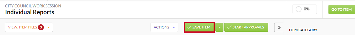 The green, rectangular Save Item button to the right of the View menu.
