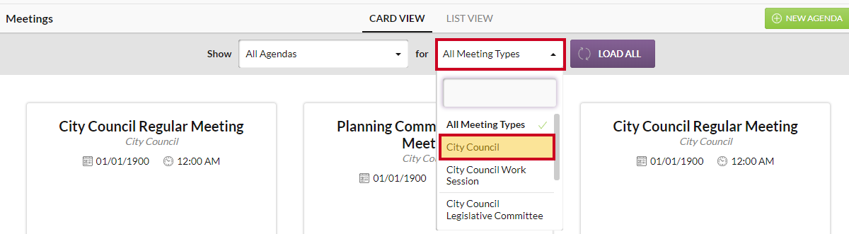 The For dropdown menu with example meeting types listed.