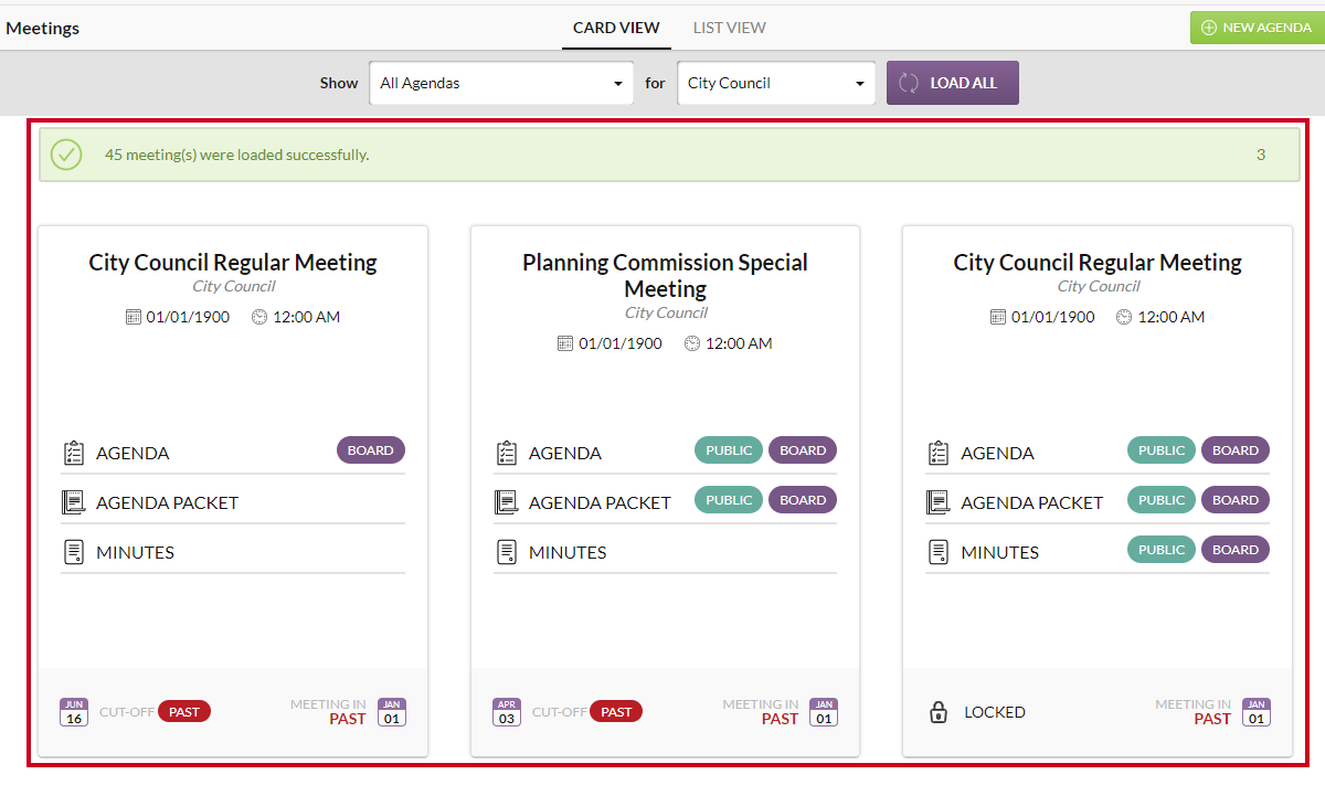 Filtered results with example agendas that are not linked to specific events.