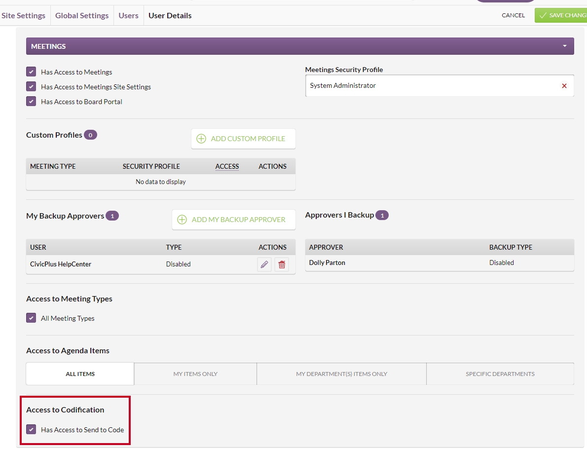 meetings section access to codification option