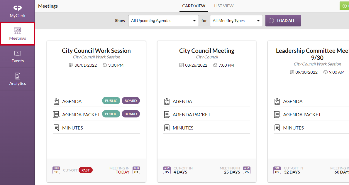 Meetings Essential left-hand menu, with the meetings module option highlighted.
