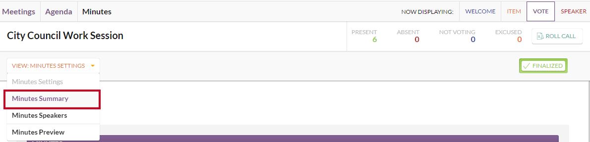 View drop-down menu with the minutes summary option highlighted.