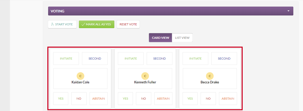 Card view of voter boxes with available motion actions.
