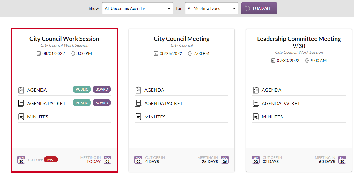 Meetings Essential meetings interface with the desired example meeting highlighted among a group of meetings.