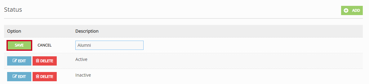 The green, rectangular Save button, which appears to the left of the Description text box.