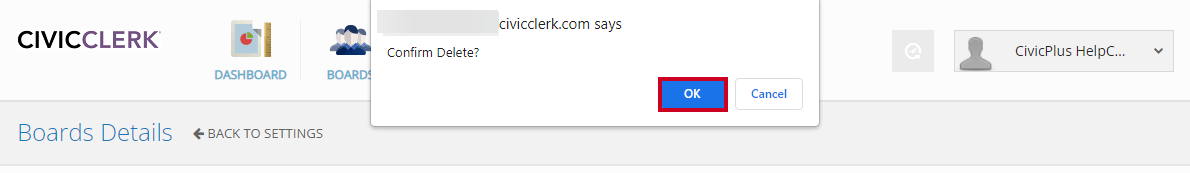 click ok button to confirm delete