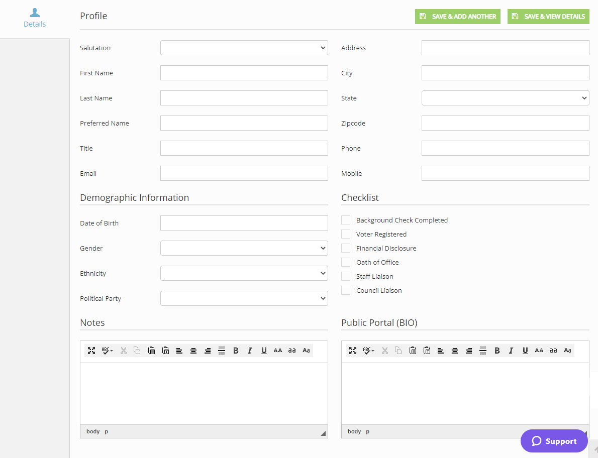 Profile fields into which the user's details can be entered.