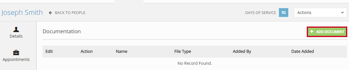 The green, rectangular Add Document button to the right of the Documentation header.