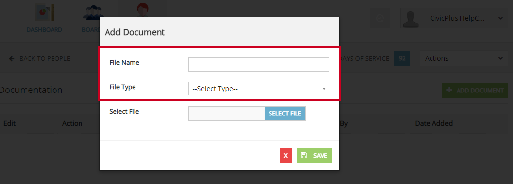The File Name and File Type fields on the Add Document modal.