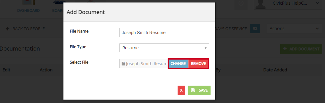 The blue, rectangular Change button and the red, rectangular Remove button to the right of the Select File field with an example file attached.