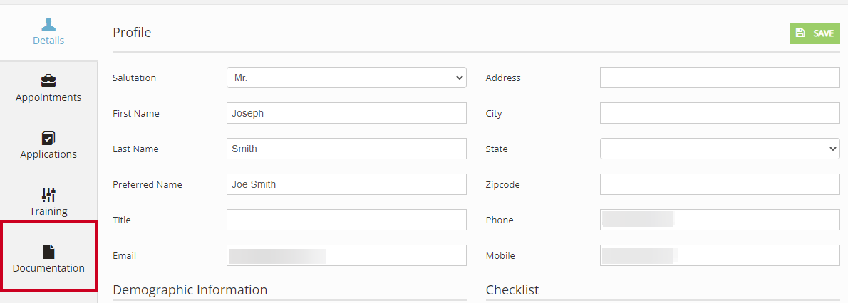The Documentation tab in the left navigation menu.