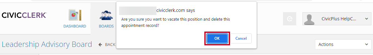 vacate position and delete appointment pop-up, ok button