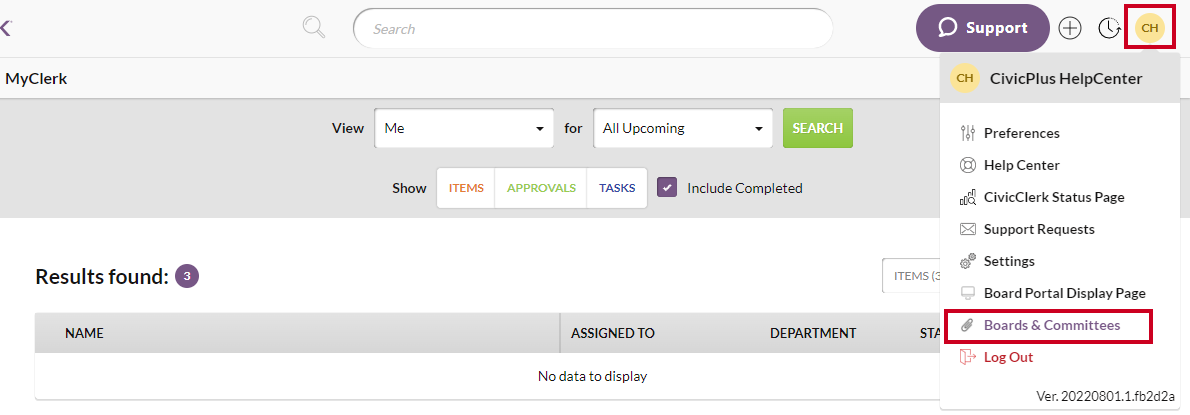 user menu, boards and committees