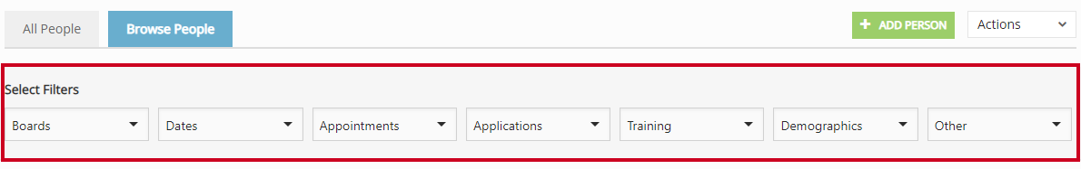 Various people filter dropdowns which can be clicked to select criteria to narrow down the search results.