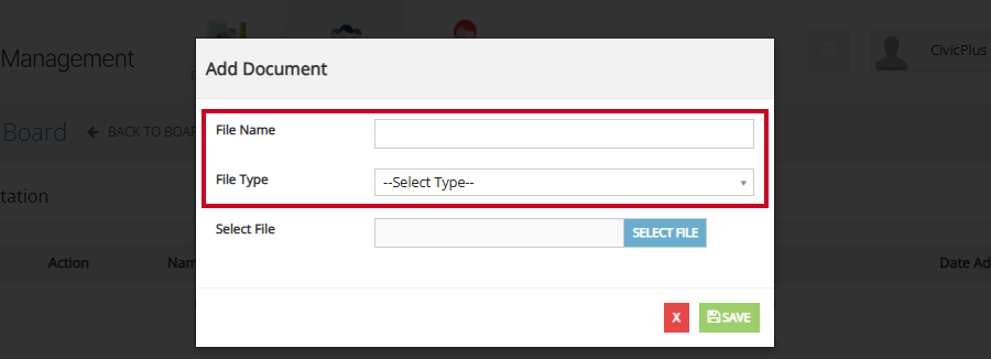 The File Name and File Type fields on the Add Document modal.