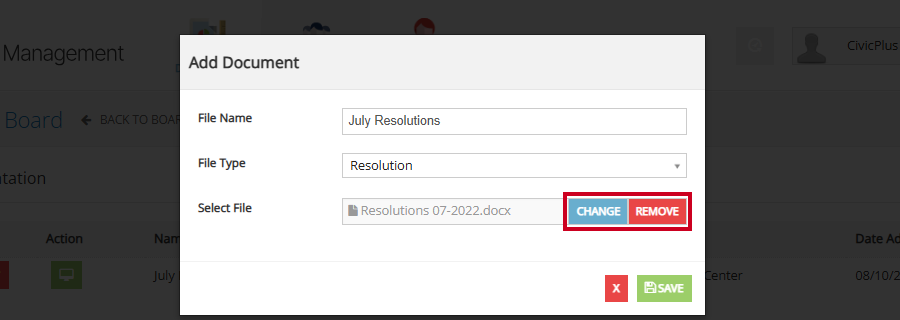 The blue, rectangular Change button and the red, rectangular Remove button to the right of the Select File field with an example file attached.