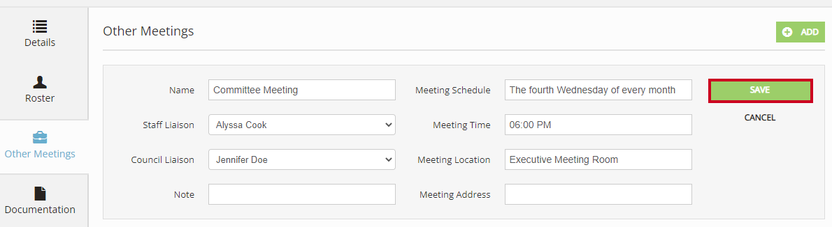 The green, rectangular Save button to the right of the Other Meetings fields.