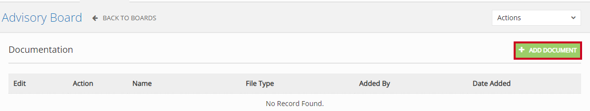 The green, rectangular Add Document button to the right of the Documentation header.