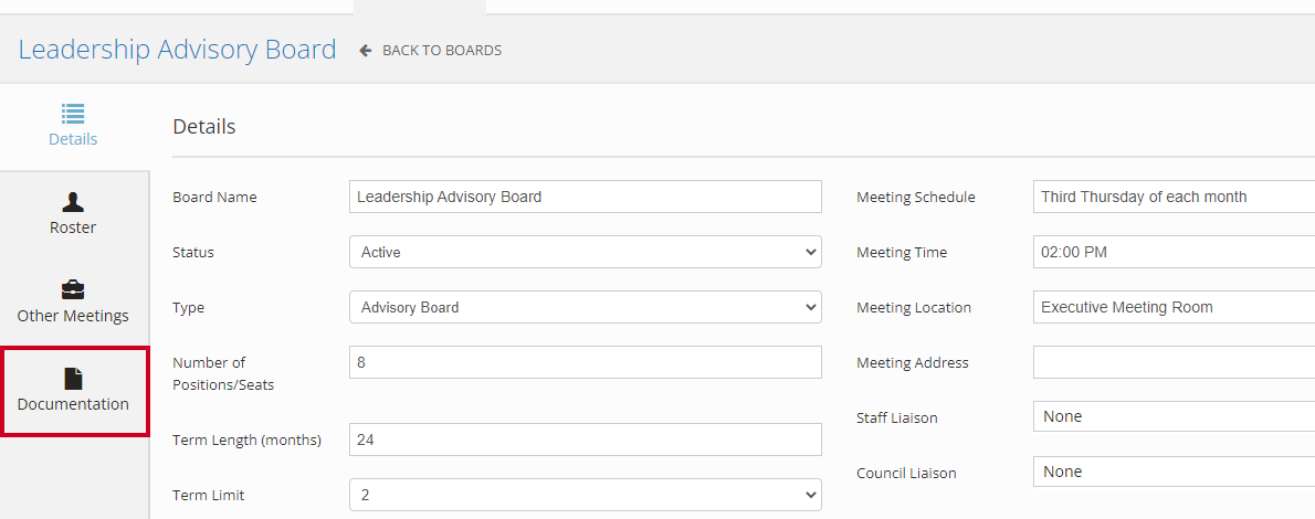 The Documentation tab in the left navigation menu.