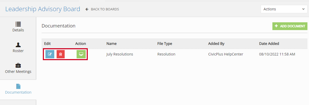 The Edit, Delete, and View buttons to the left of an example document name on the Documentation page.
