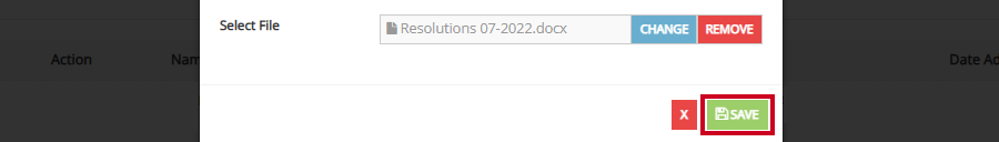 The green, rectangular Save button in the lower-left corner of the Add Document modal.