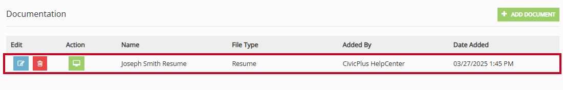 The Edit, Delete, and View buttons to the left of an example document name on the Documentation page.