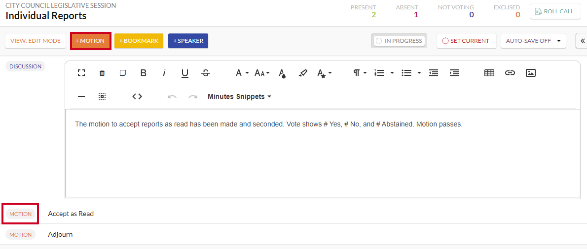 The orange, rectangular Add Motion button above the Discussion text box and a Motion row below the the Discussion text box.