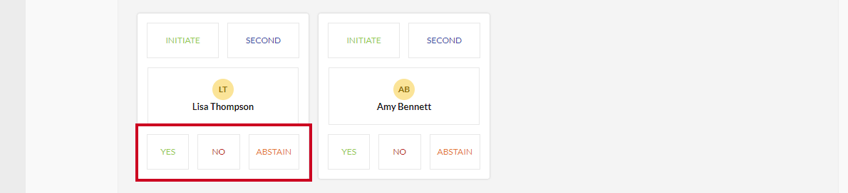 The white, square Yes, No, and Abstain buttons below a voting member's name.