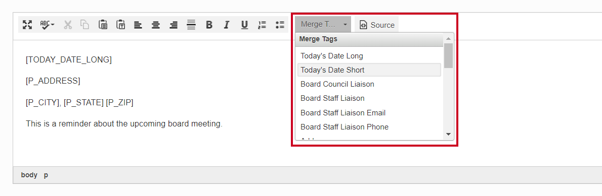 merge tags dropdown