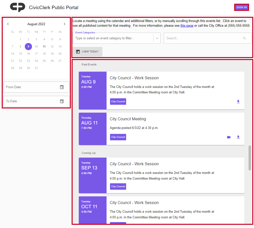 public portal page example with custom embed sections highlighted