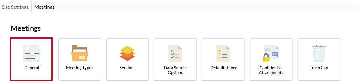 The General tile with slider icons on the Meetings button.